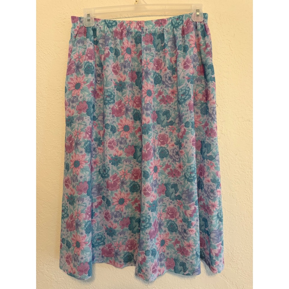 Alfred Dunner Floral Midi Skirt Medium Purple Teal Elastic Waist Pockets USA